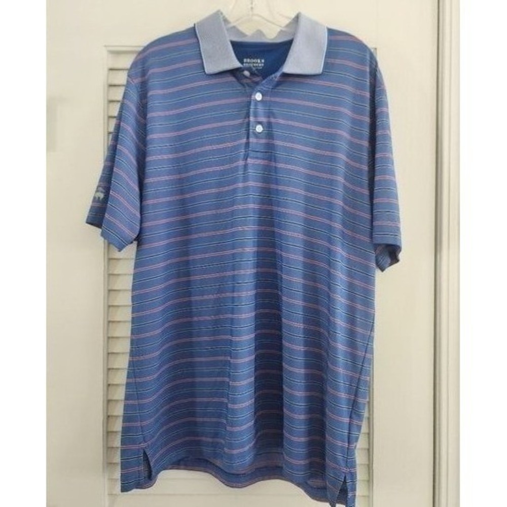 Brooks Brothers Performance Men's XL Short Sleeve Blue Polo‎ Stripes Logo Summer